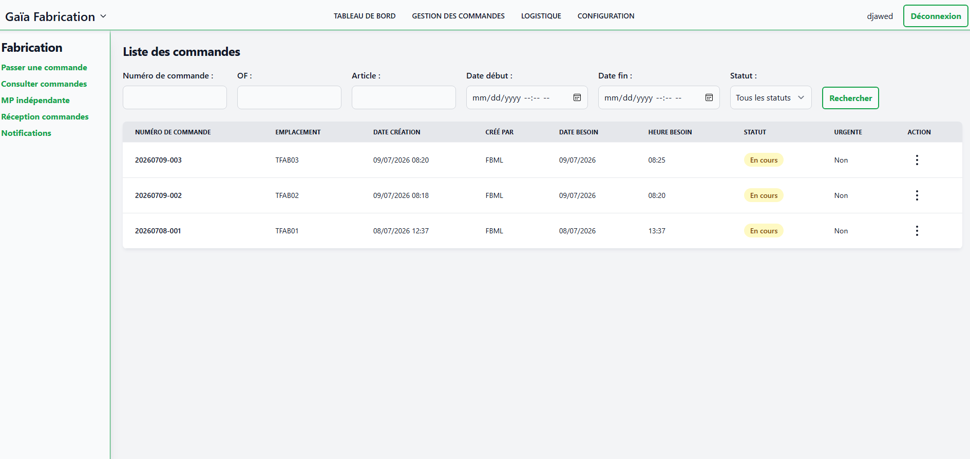 Menu Gestion des commandes