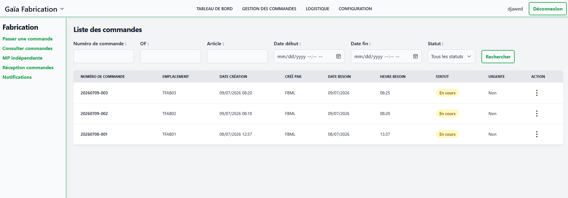Liste commandes fabrication