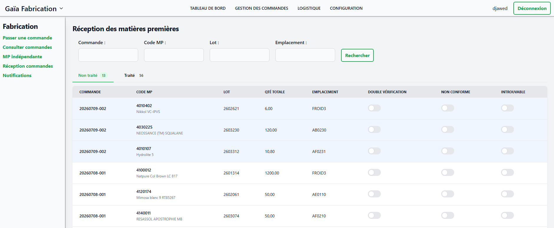 Réception commandes fabrication