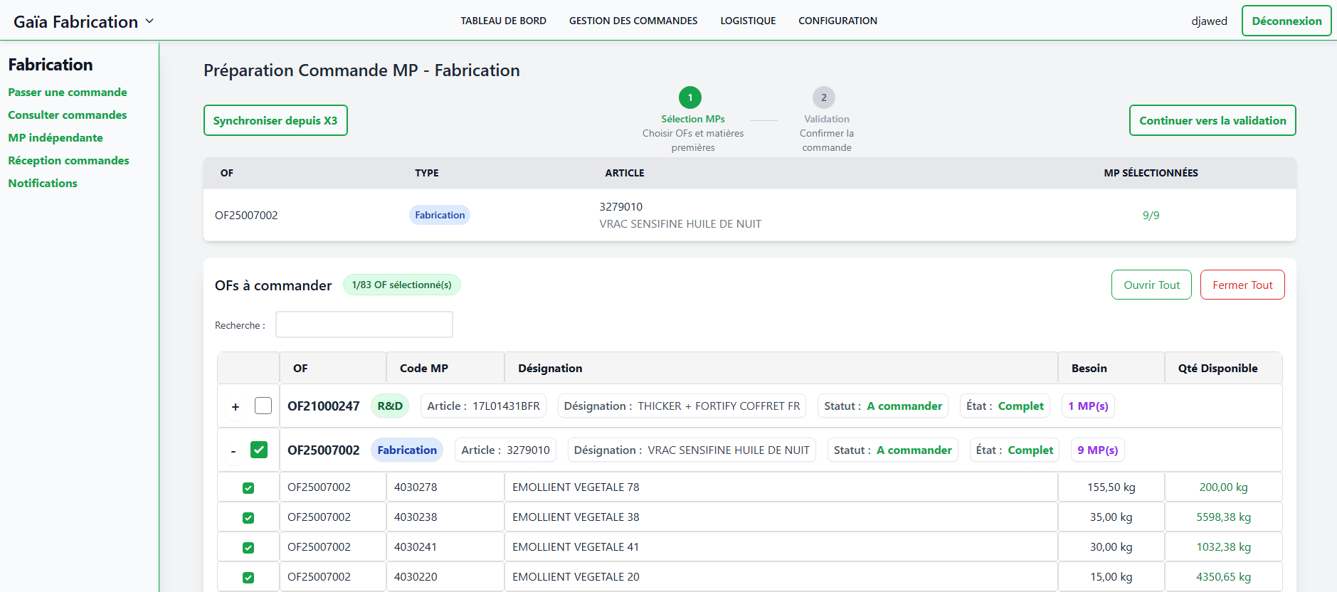 Sélection des OF et MP