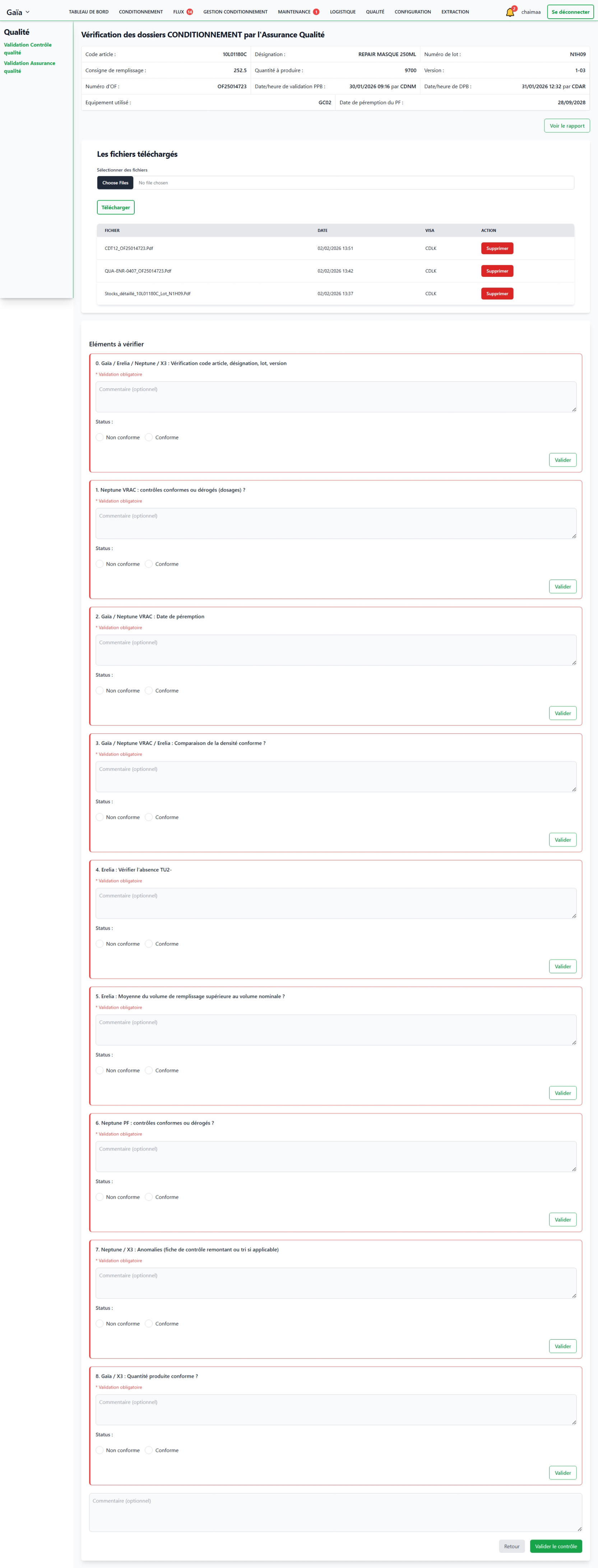 Page de contrôle assurance qualité