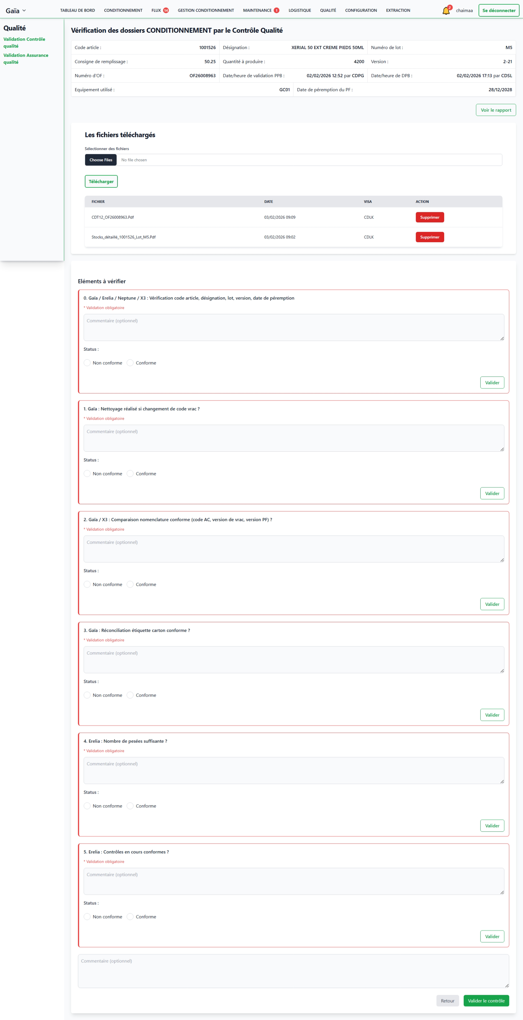 Page de contrôle qualité